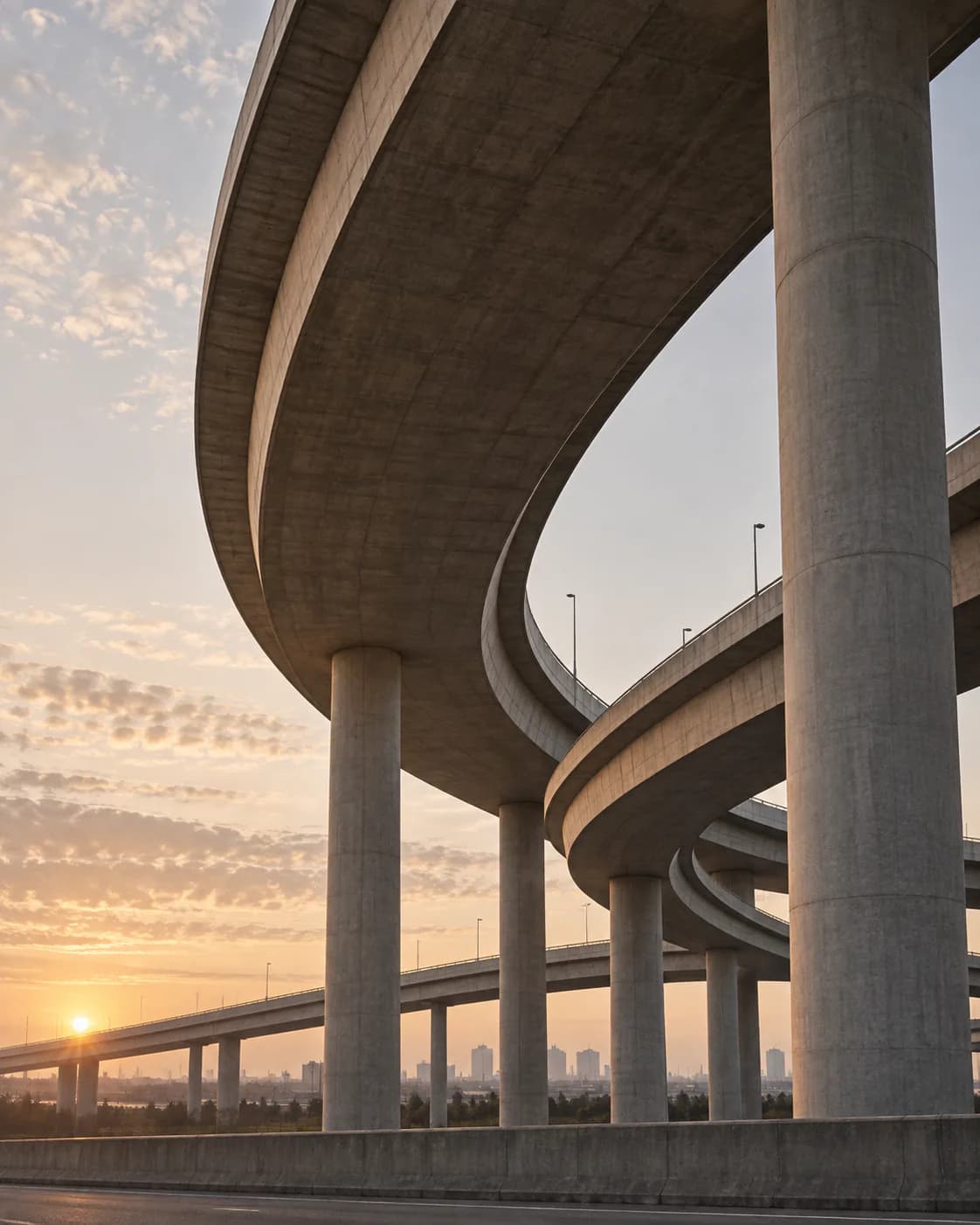 Highway overpass on a transportation corridor at sunset