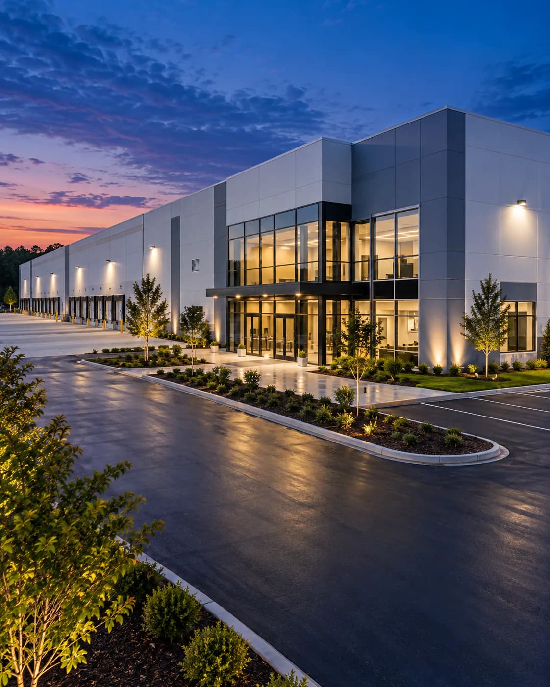 Modern industrial logistics facility, an industrial real estate asset, at dusk