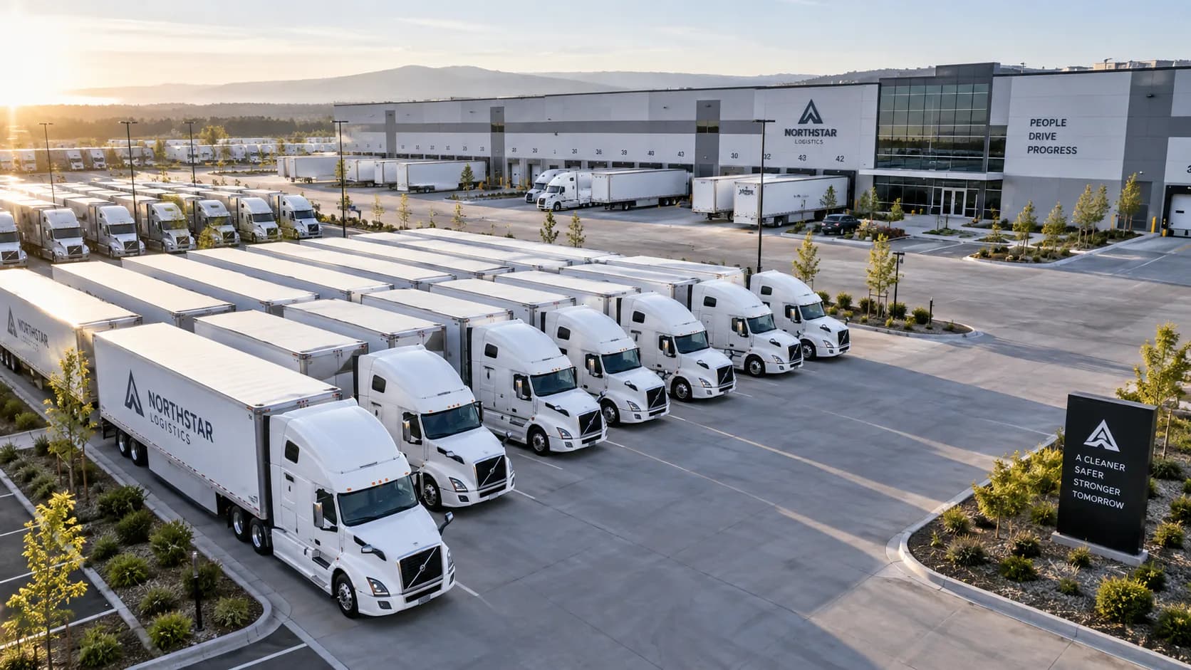 Truck fleet at a modern logistics and transportation terminal at sunrise